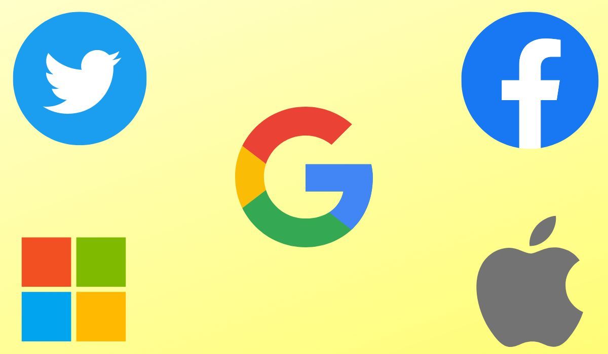 Twitter, Microsoft, Google, Facebook, Apple logos are seen on a yellow background