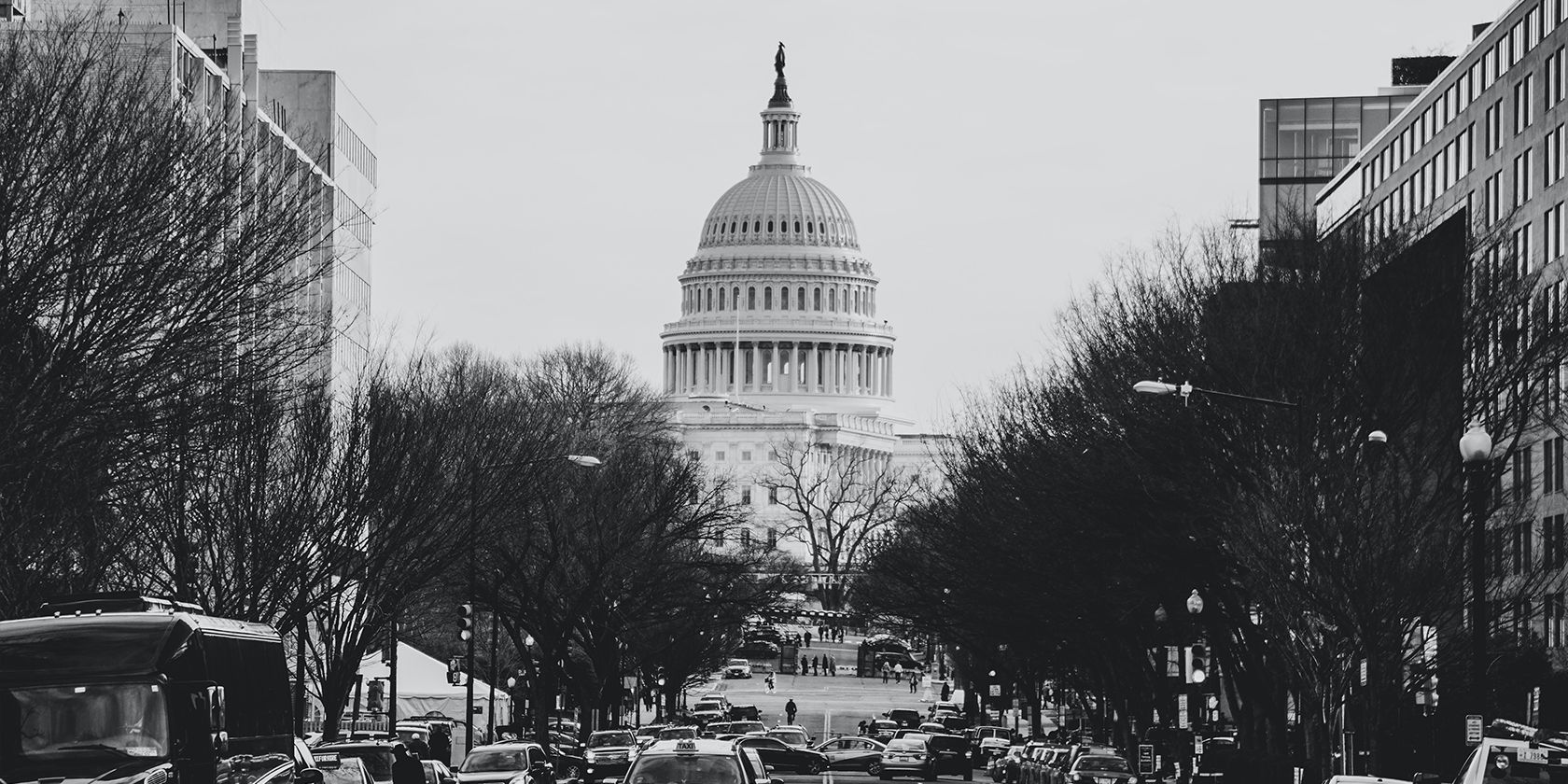 black and white photo of the US Capitol