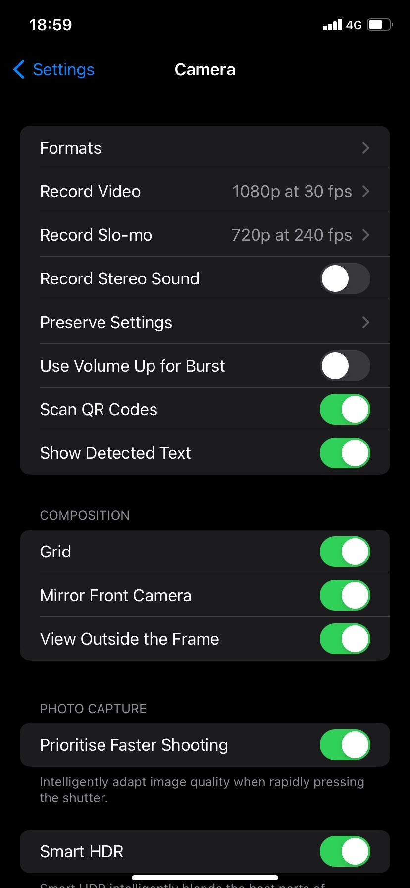 Camera setting options on iOS