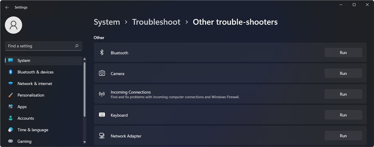 Troubleshooter list in Windows 11