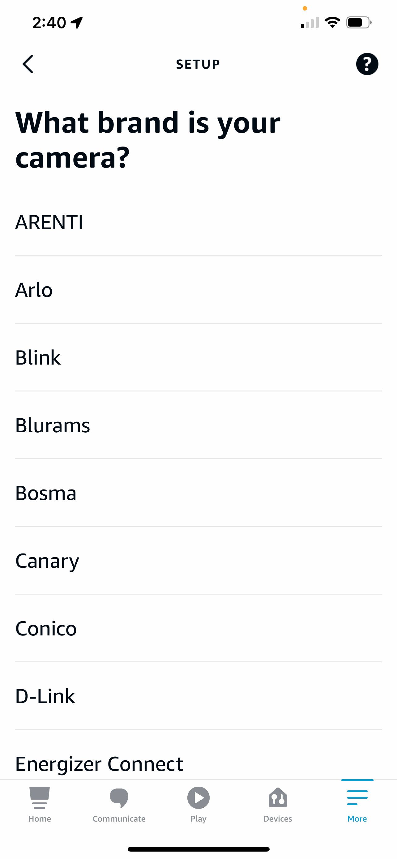 Alexa app- list of possible camera brands