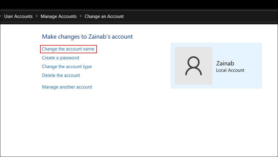 Change the account name option in Control Panel