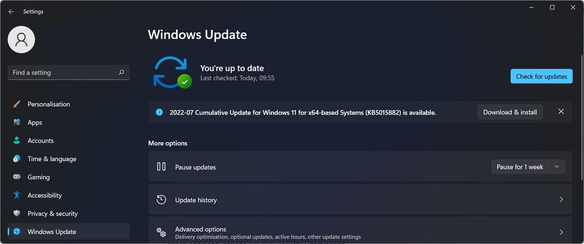 Checking for updates in Windows 11