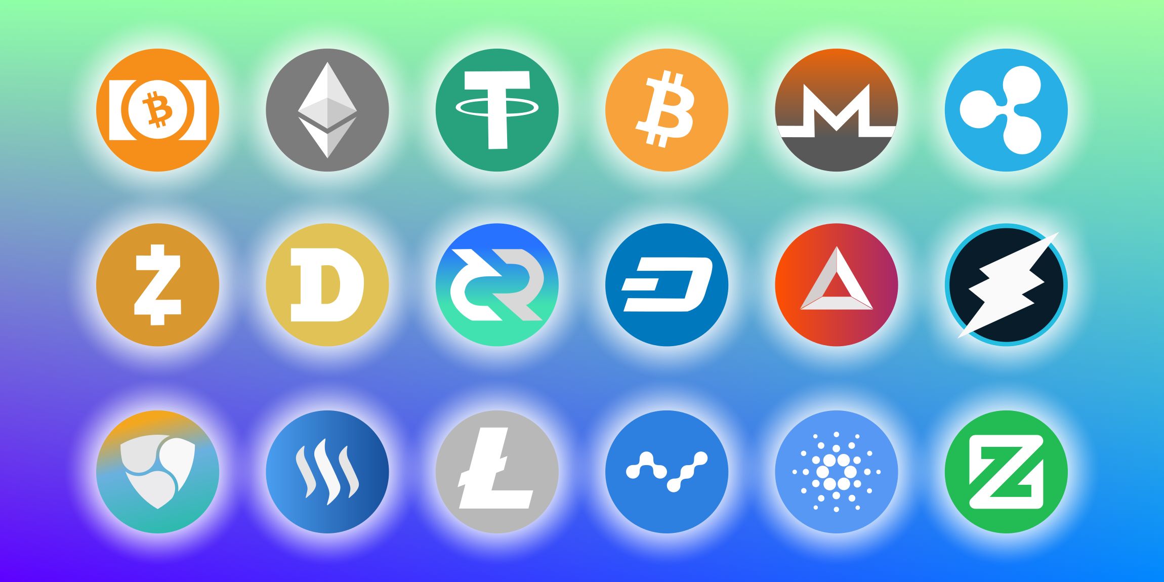 circular cryptocurrency logos on colored background
