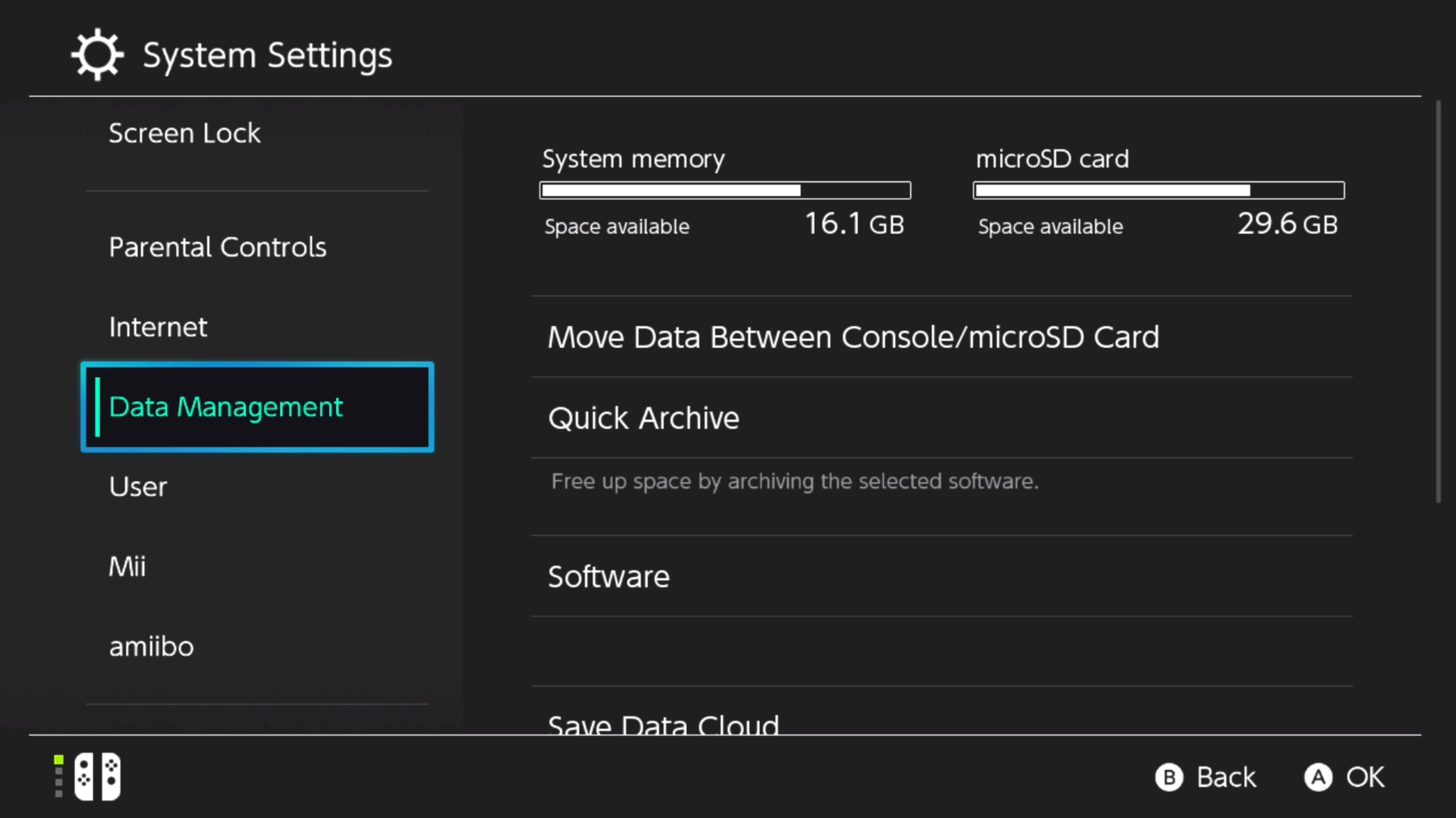 Nintendo Switch data management from settings menu