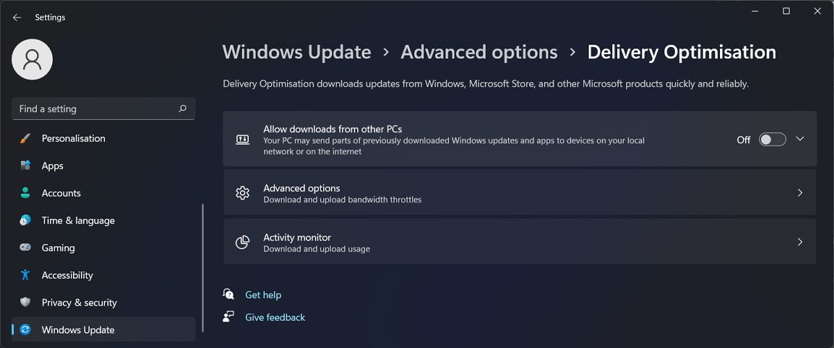 Delivery optimisation settings in Windows 11