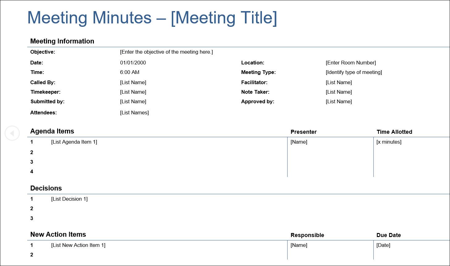 Detailed minutes meeting template