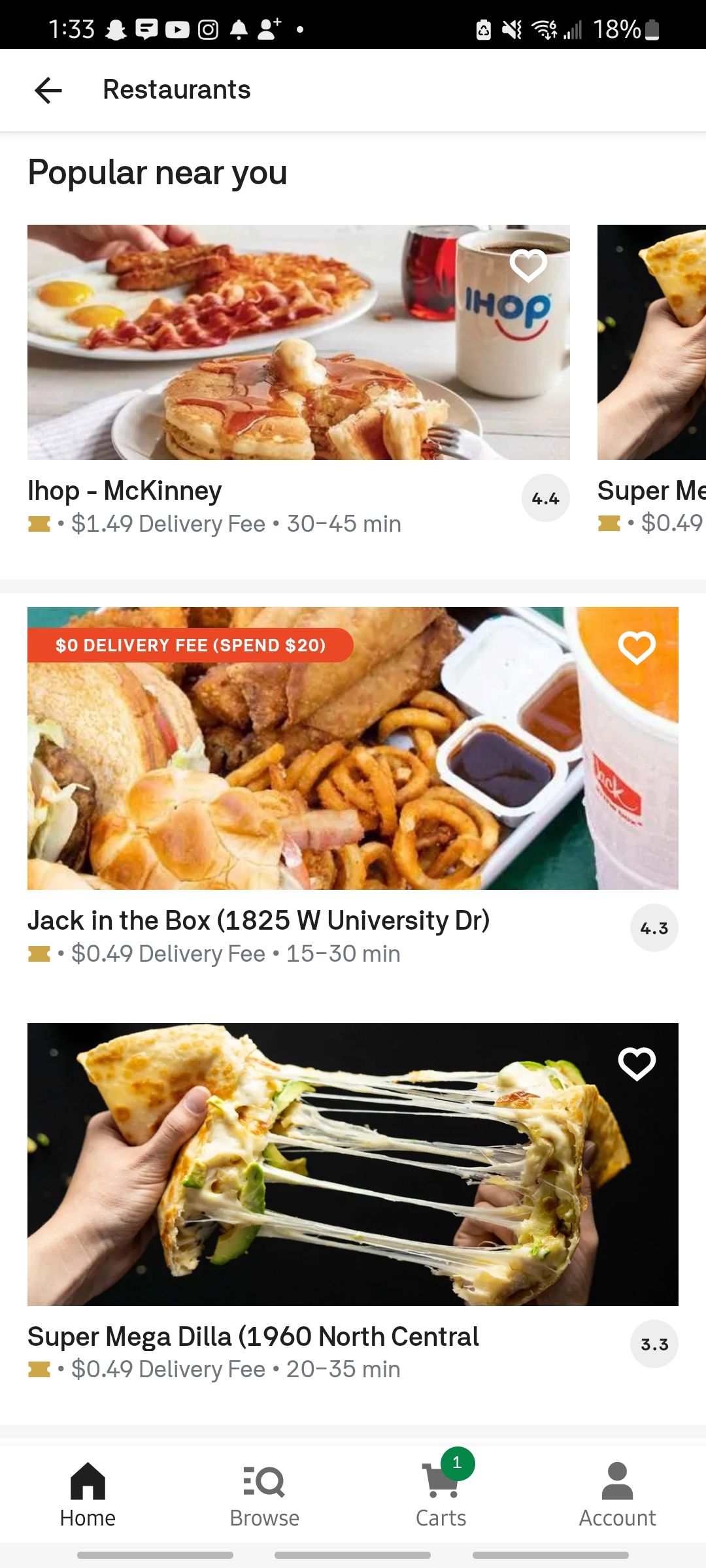 different restaurants and their delivery fees on the postmates app