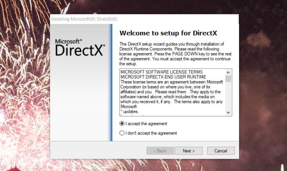 The DirectX setup wizard