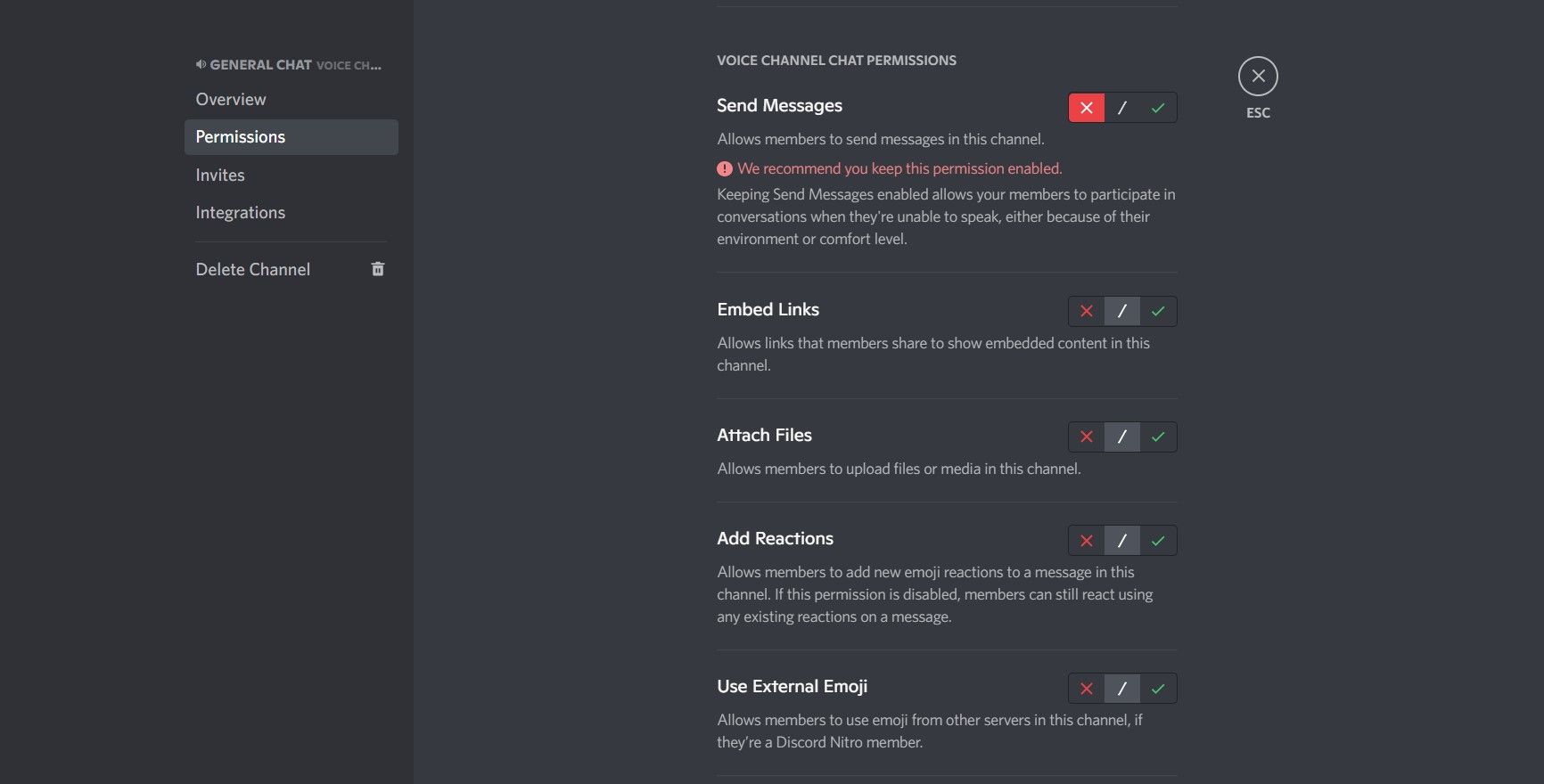 مجوزهای چت کانال صوتی در Discord