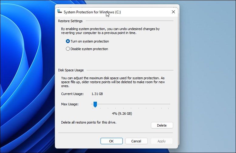 disk space usage system protection