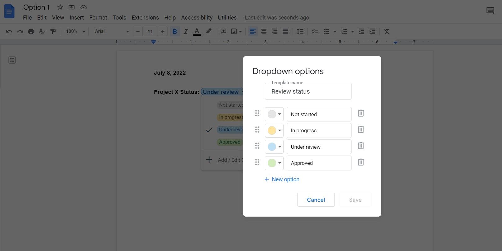 Editing a dropdown list in Google Docs