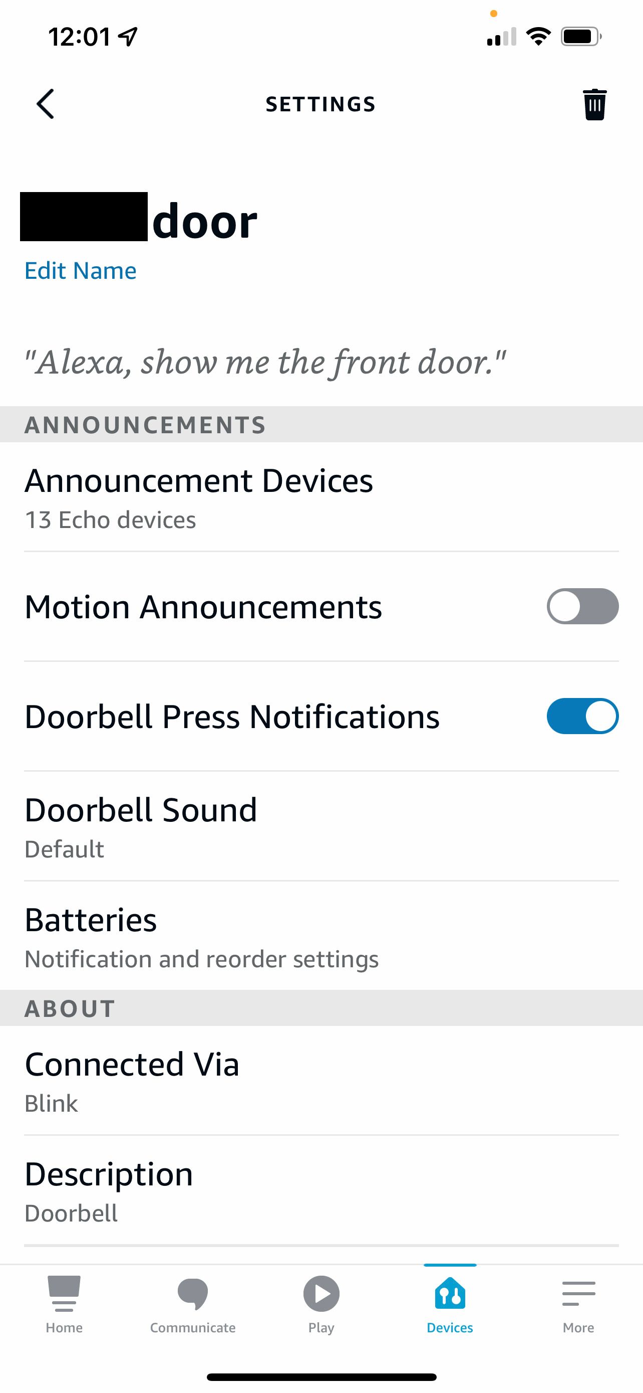 App screen to turn on doorbell notifications in Alexa App