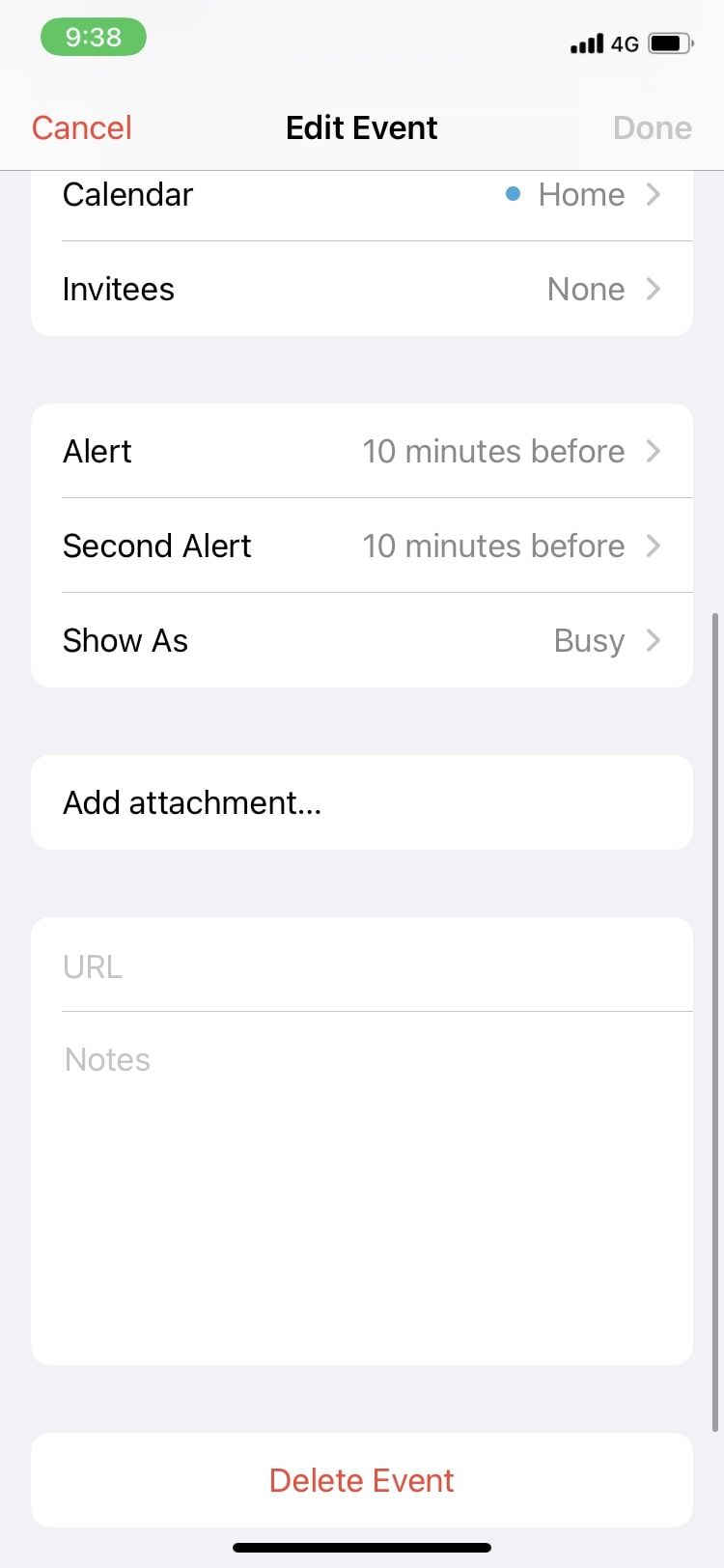 edit, alert, invitees, add attachment options