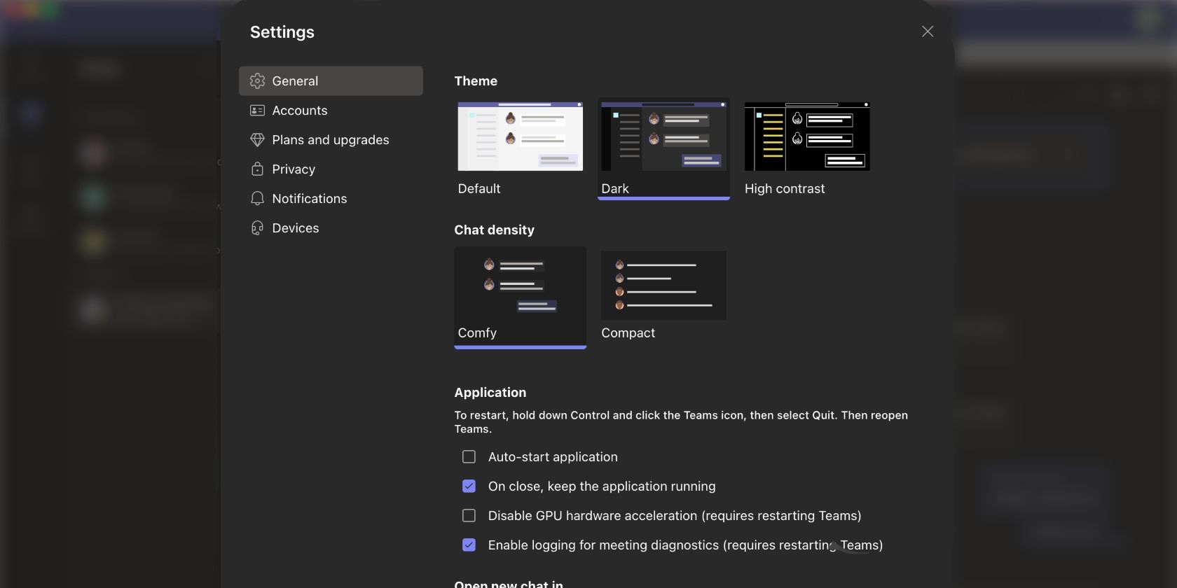 screenshot showing theme settings on teams desktop app