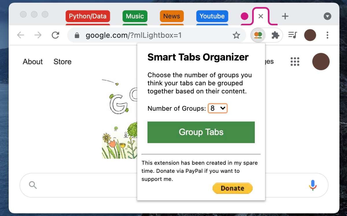 Smart Tab Organizer uses machine learning to automatically group similar tabs and gives them custom labels