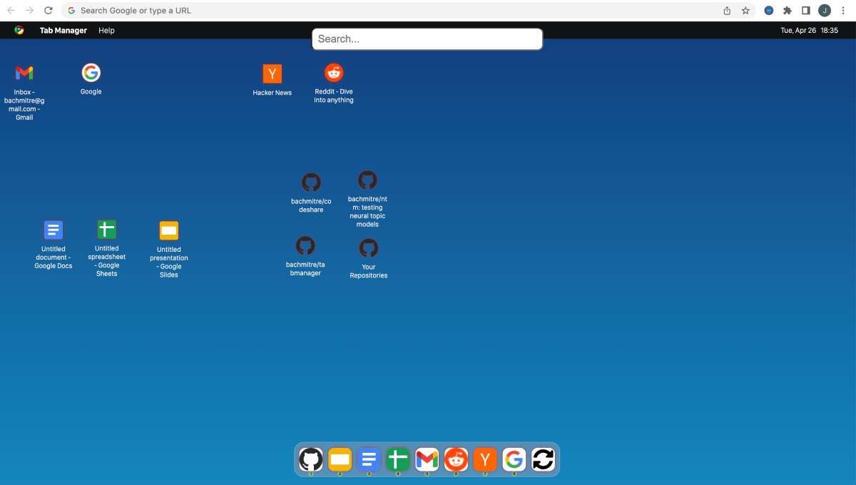 Tab Manager displays all open tabs like icons on a desktop, so you can freely move them around and organize them