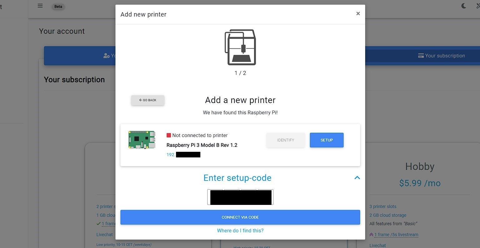 enter the 4-digit code to connect your 3d printer octoprint server to simplyprint