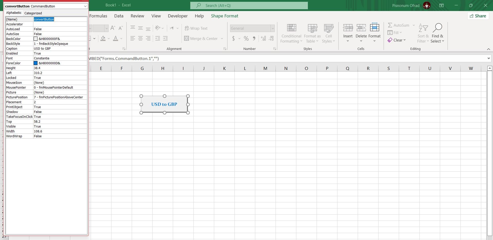 Thuộc tính nút vô Excel