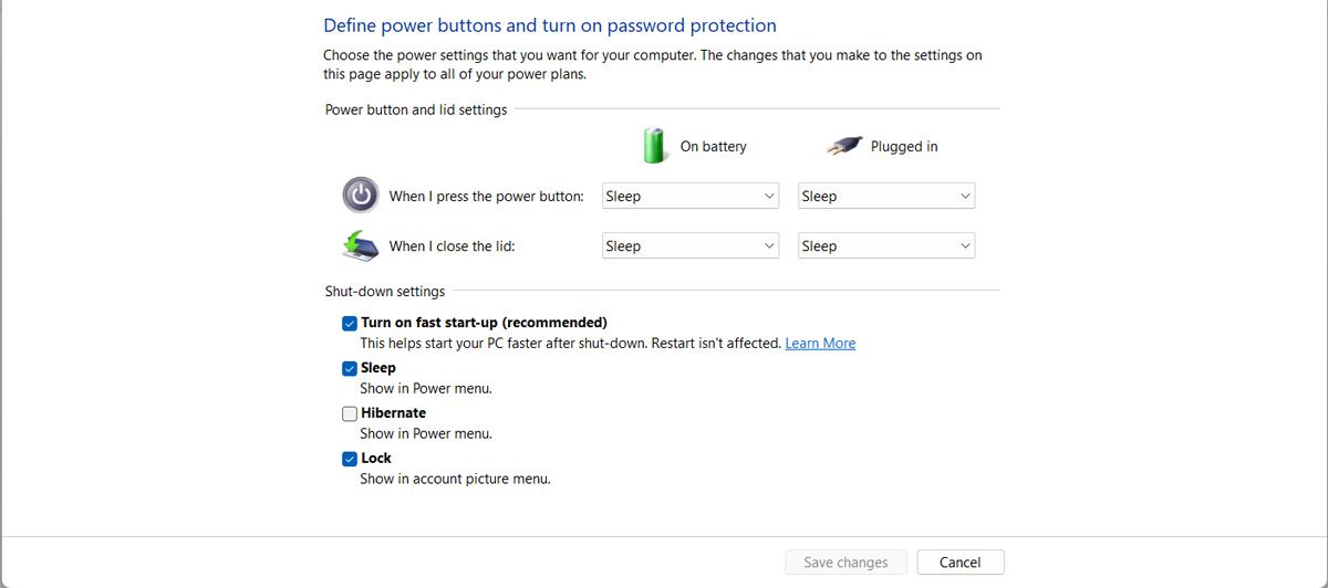 Fast startup settings in Windows 11