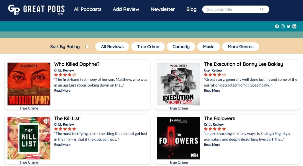 Great Pods is trying to be the Rotten Tomatoes of podcasts, curating critic reviews to give an overall rating