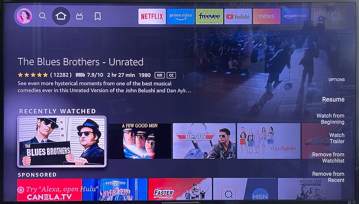 Options displayed from Fire TV Menu Button when clicking on a moview