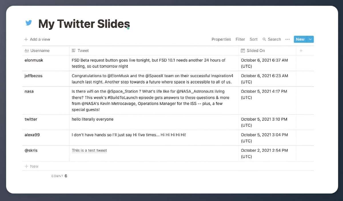 SlideIt automatically saves Tweets in a Notion database for free