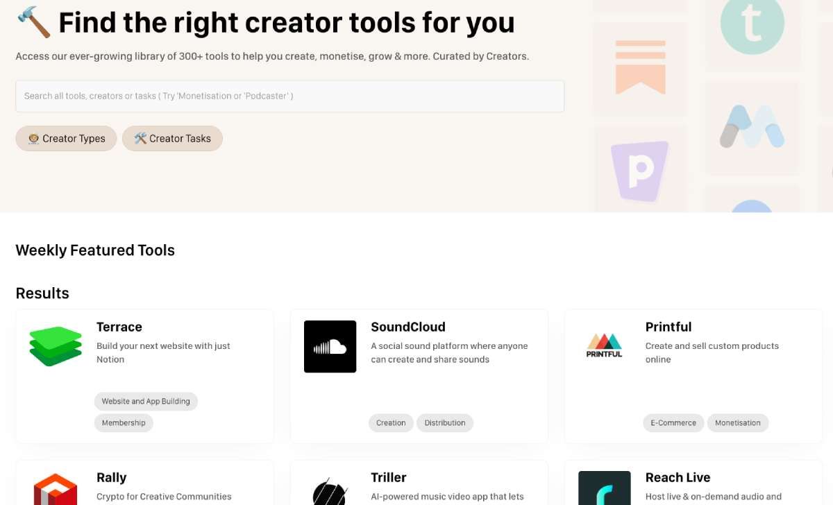 CreatorBase is a collection of the best tools for all types of creators, sorted by profession or task