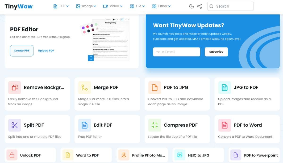 TinyWow is a collection of tools to convert or edit any file online for free, while maintaining your privacy