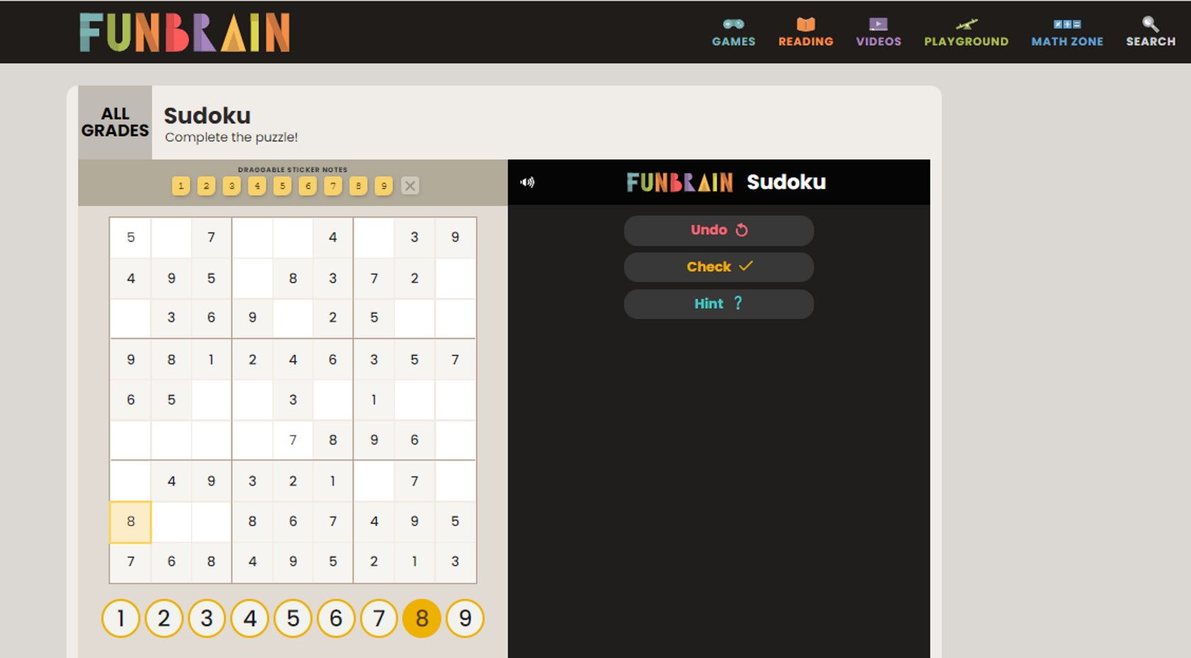 funbrain online Sudoku puzzle website