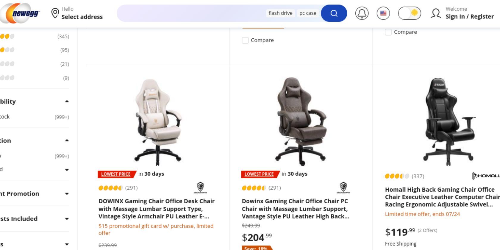 Gaming chair products on the Newegg website