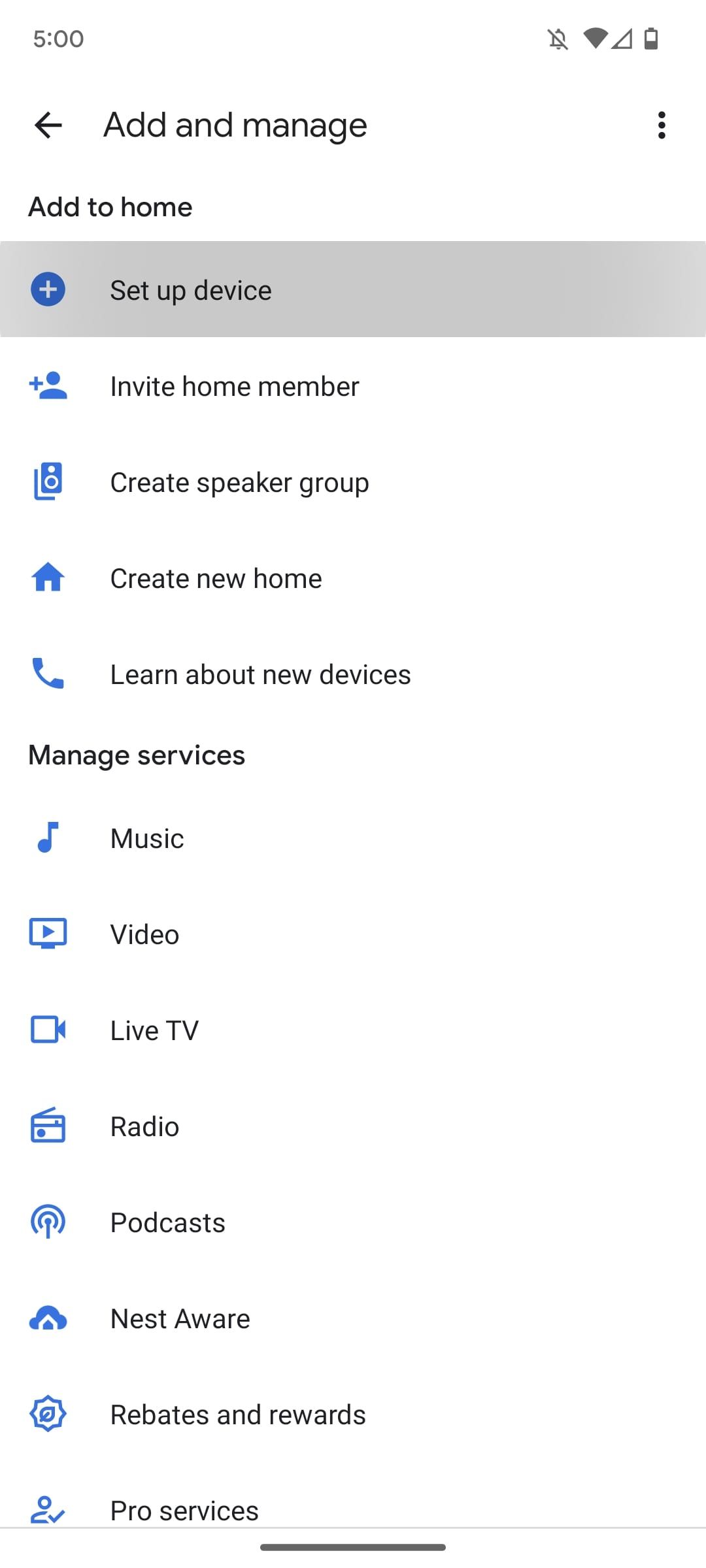 google home menu for adding devices