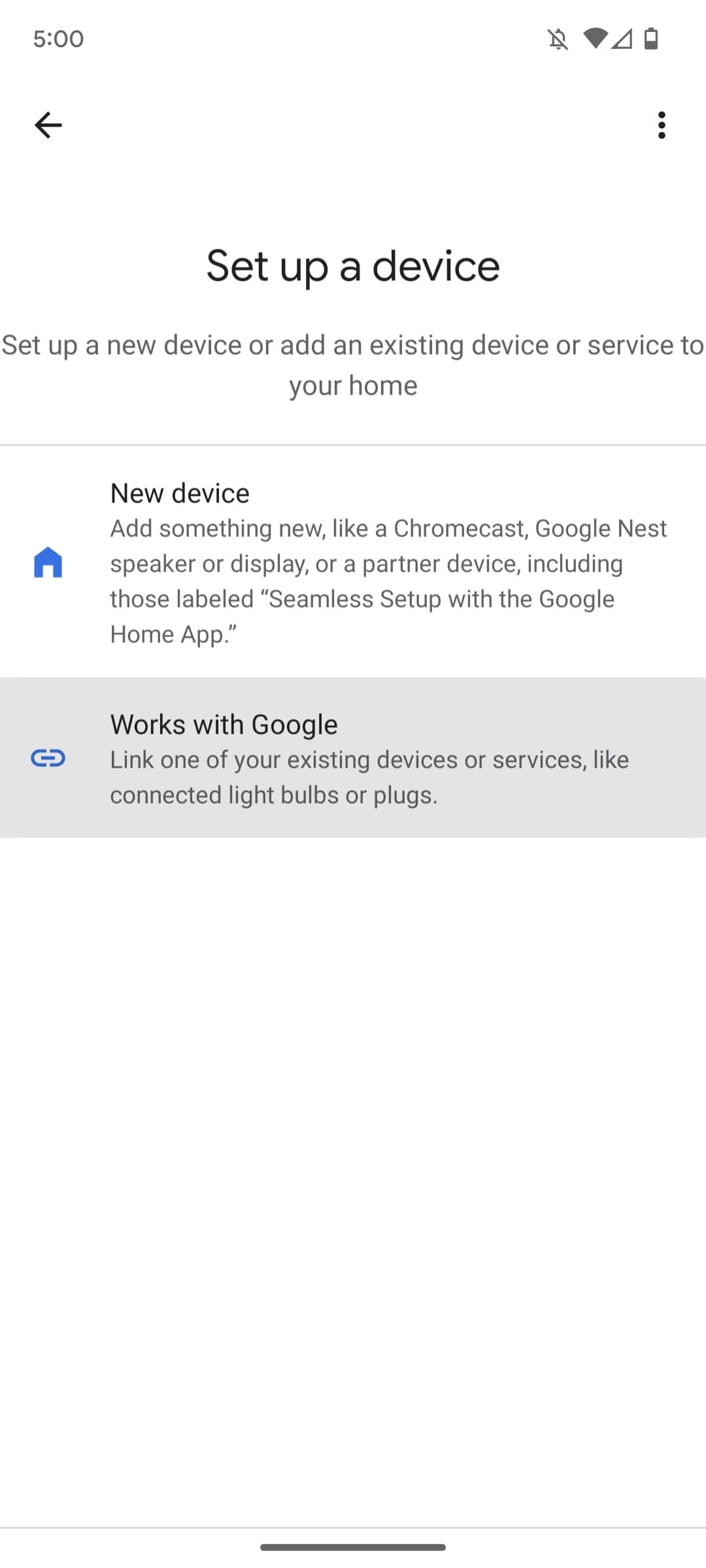google home app menu showing options for adding a device