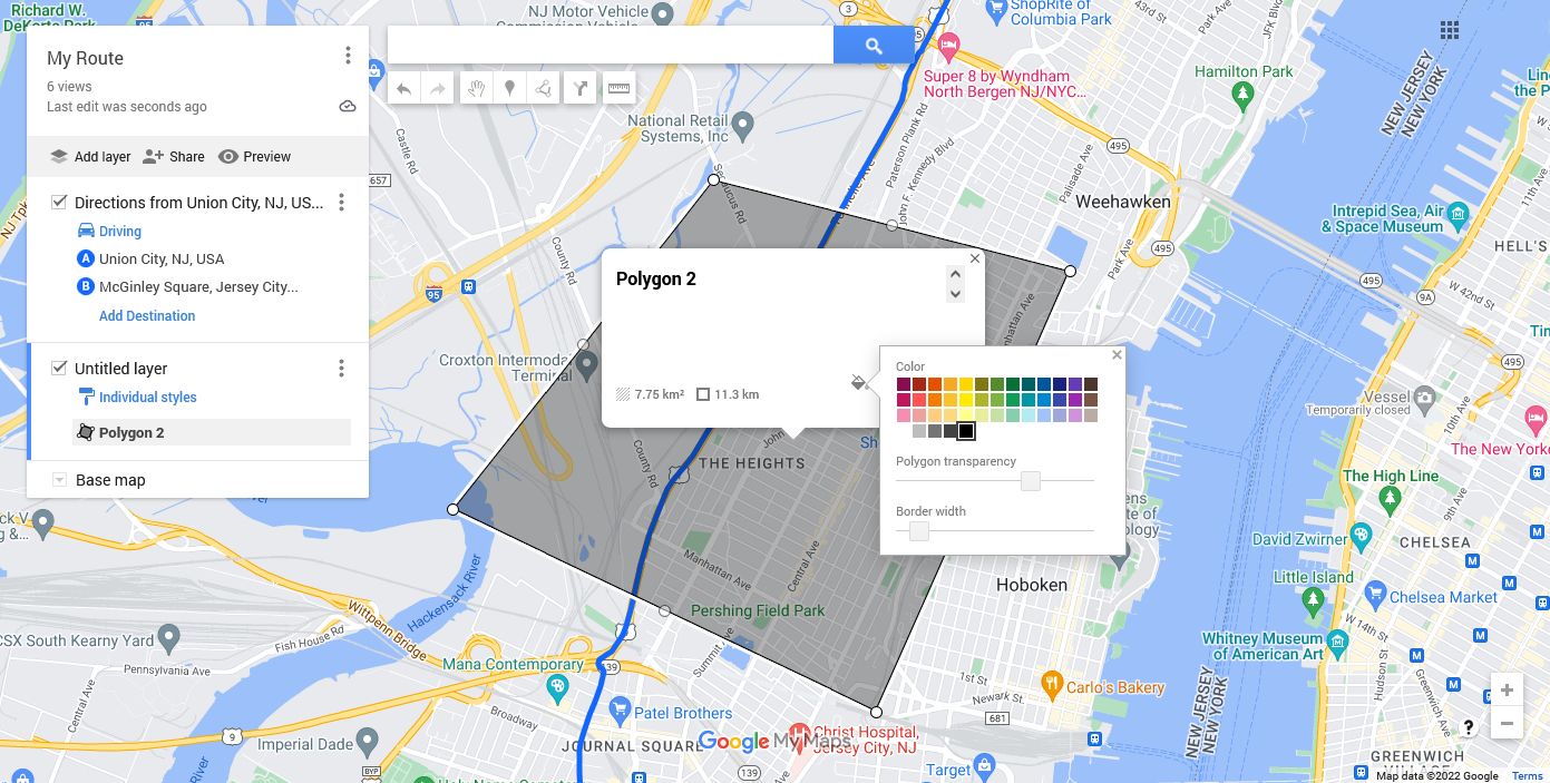 google maps custom route editing shape color