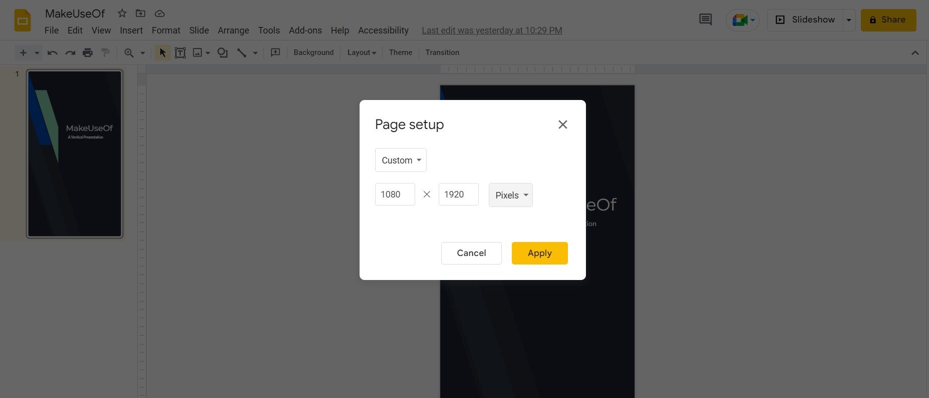 Page setup in Google Slides
