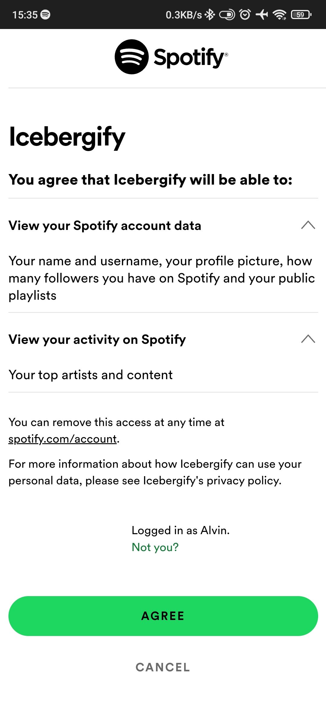 Granting Icebergify permission to view Spotify data