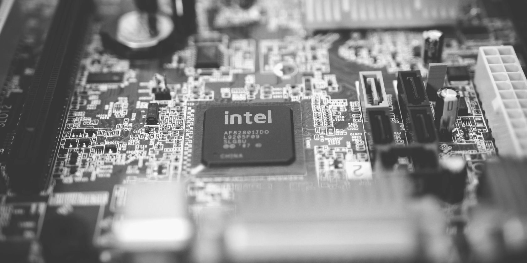 close up shot of intel chip on motherboard