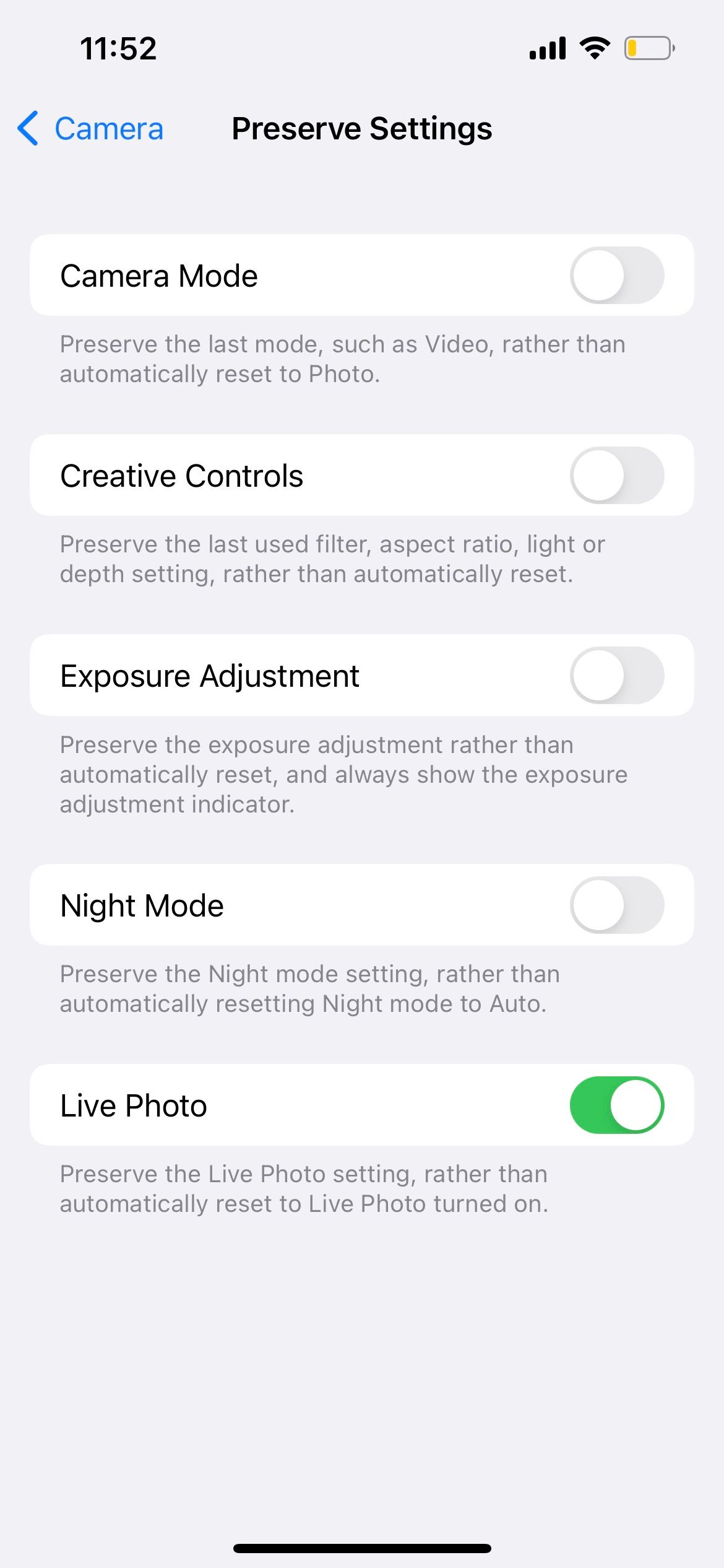 preserve settings for iphone camera