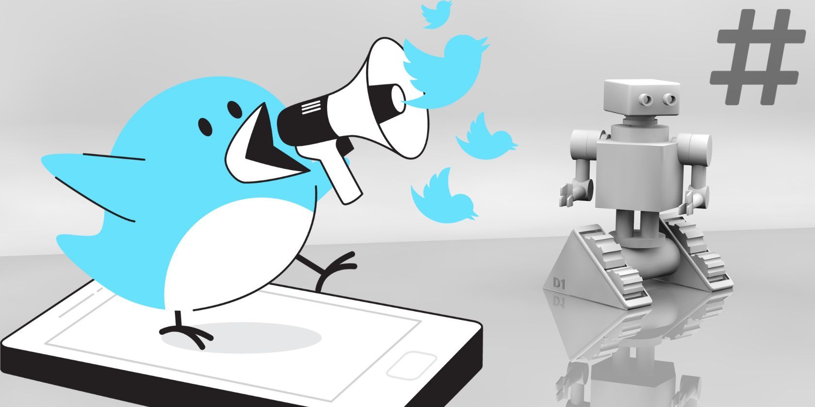 A twitter bird screaming over a megaphone with a robot on the side