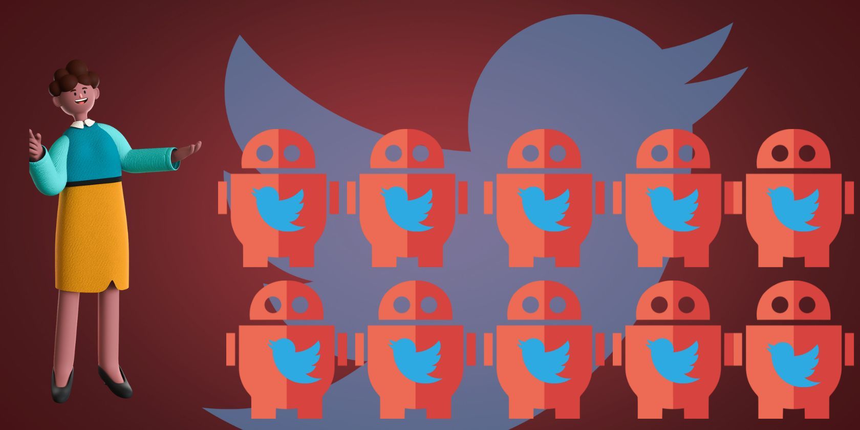 Illustration of a figure pointing at Bots on Twitter 
