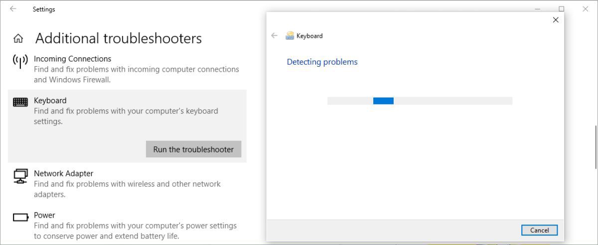 Running keyboard troubleshooter in Windows 10