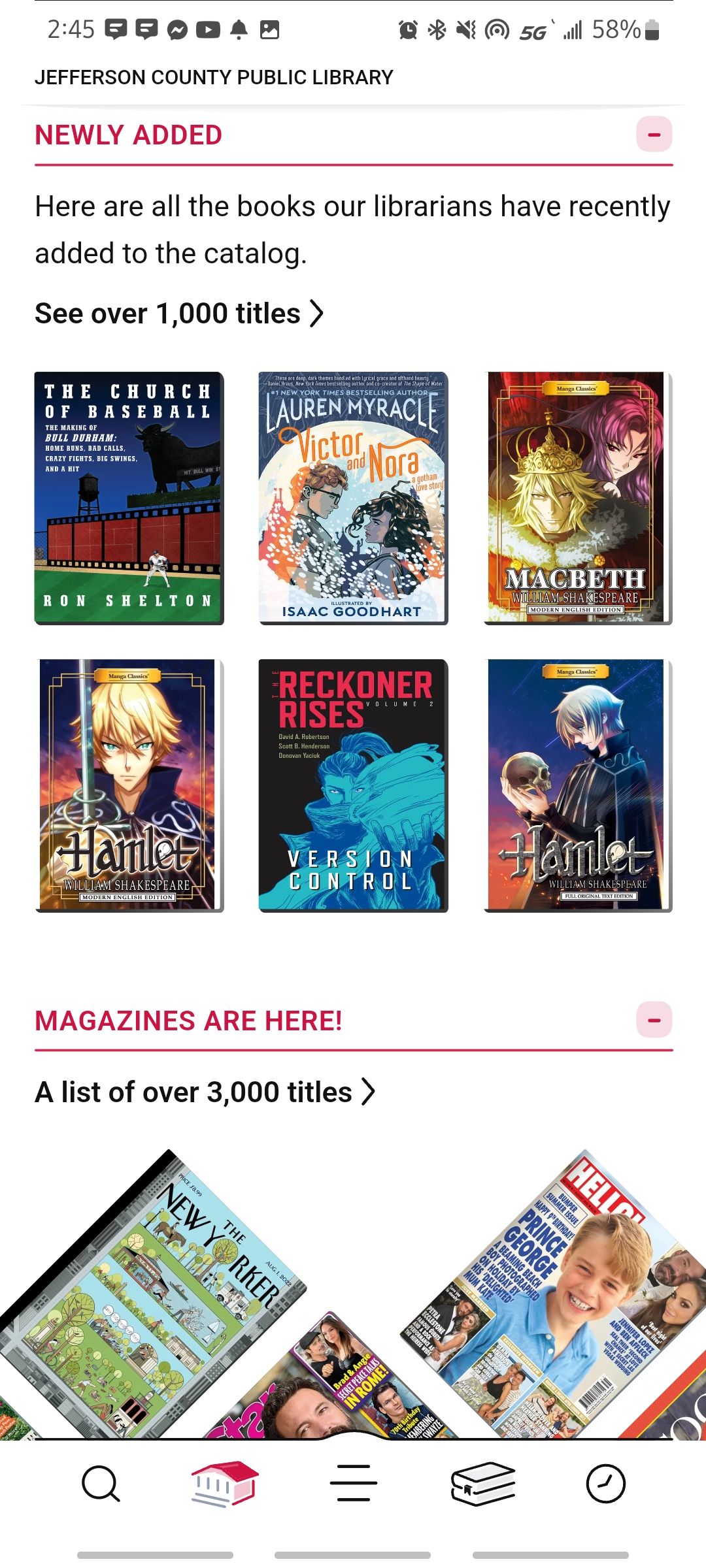 libby app by overdrive showing newly added titles and magazines