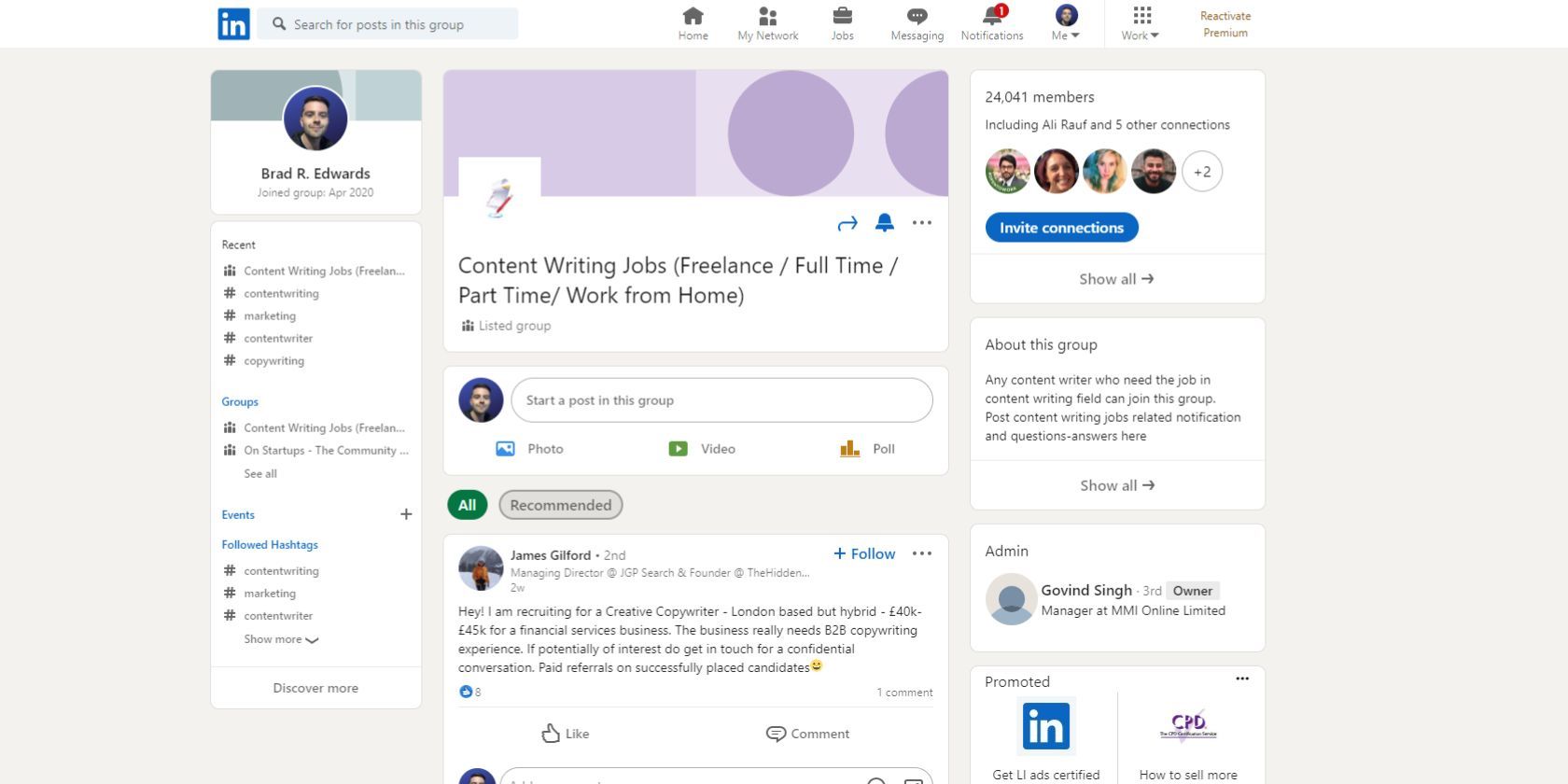 The LinkedIn Groups page displaying a timeline on a content writing group