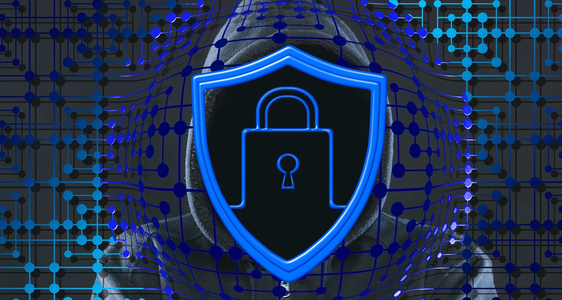 hooded figure behind blue lock symbol