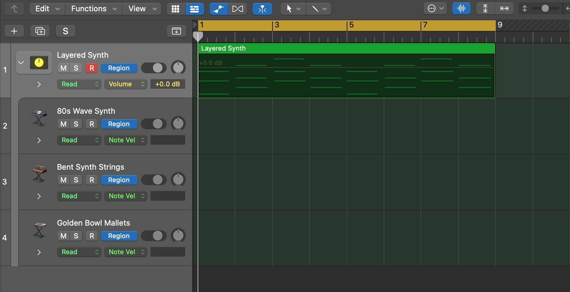 Screenshot of Logic Pro showing three synthesizers grouped in a Summing Stack.