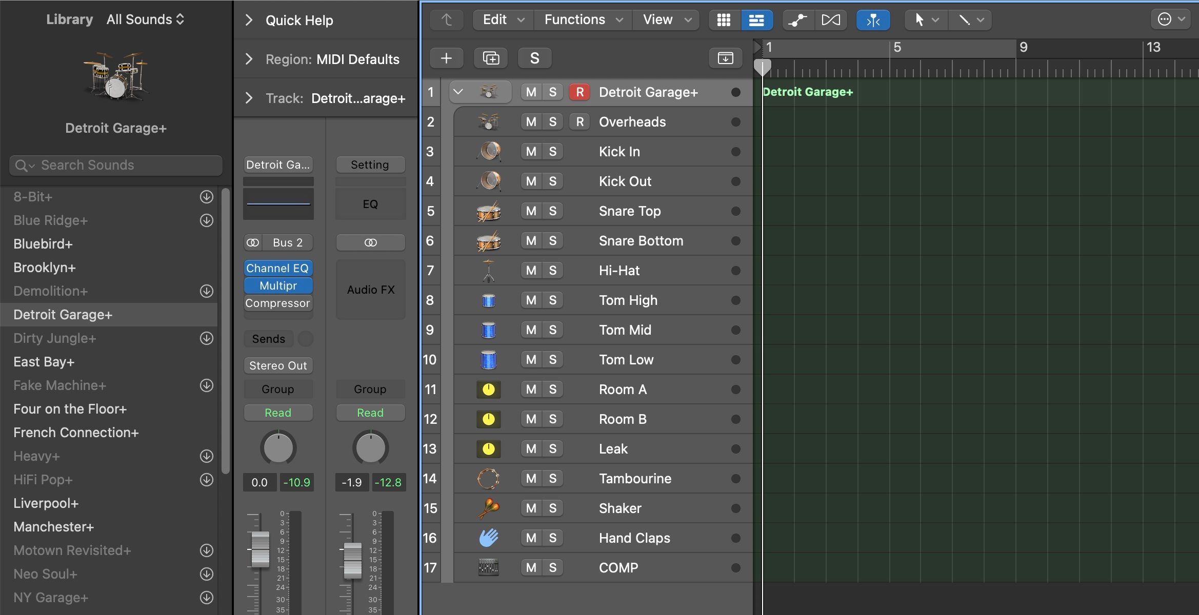 Screenshot of Logic Pro showing the expanded Summing Track for a Producer Drum Kit software instrument.
