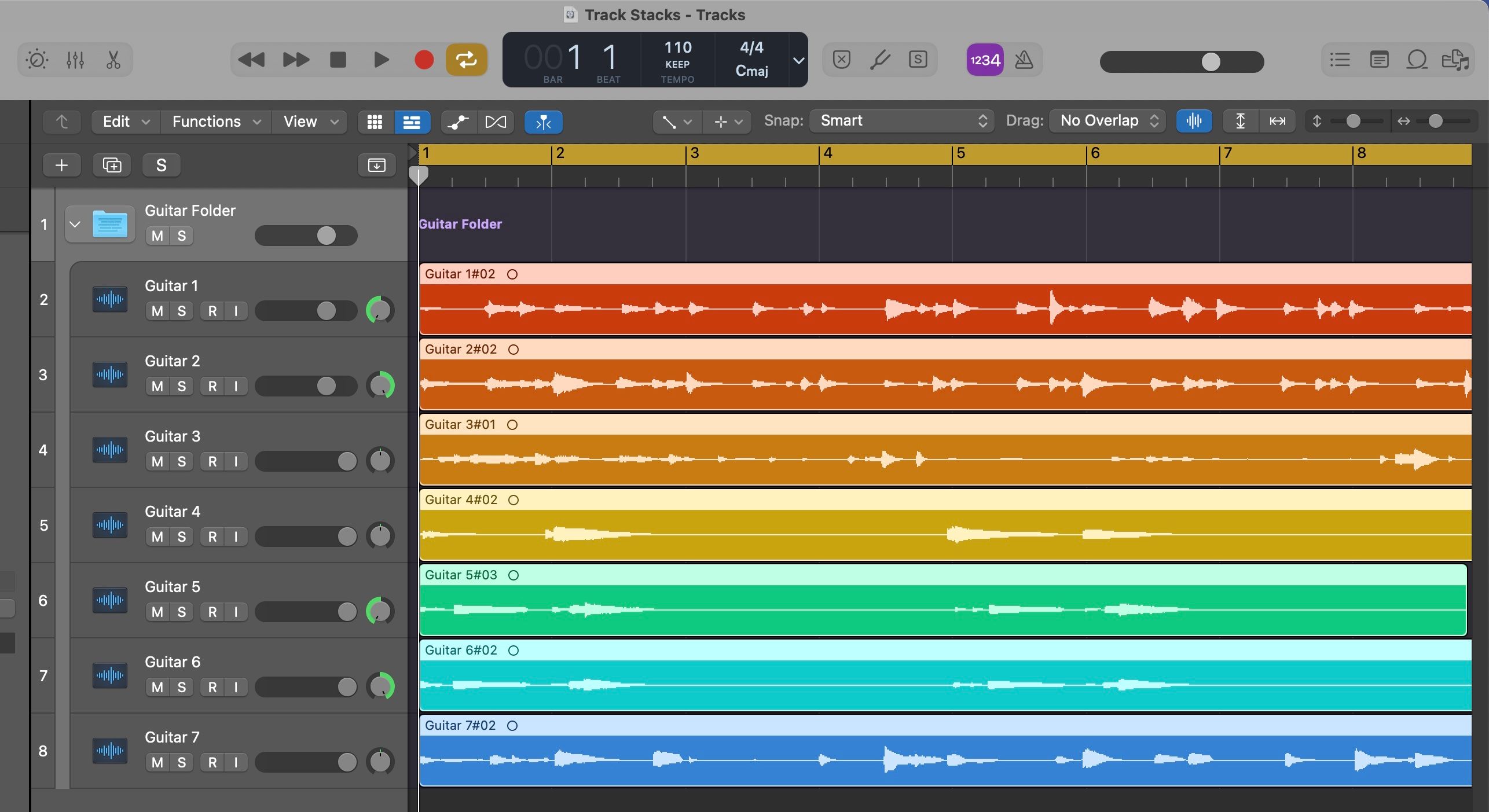 Screenshot of Logic Pro Folder Stack in the expanded view showing seven guitar tracks inside. 