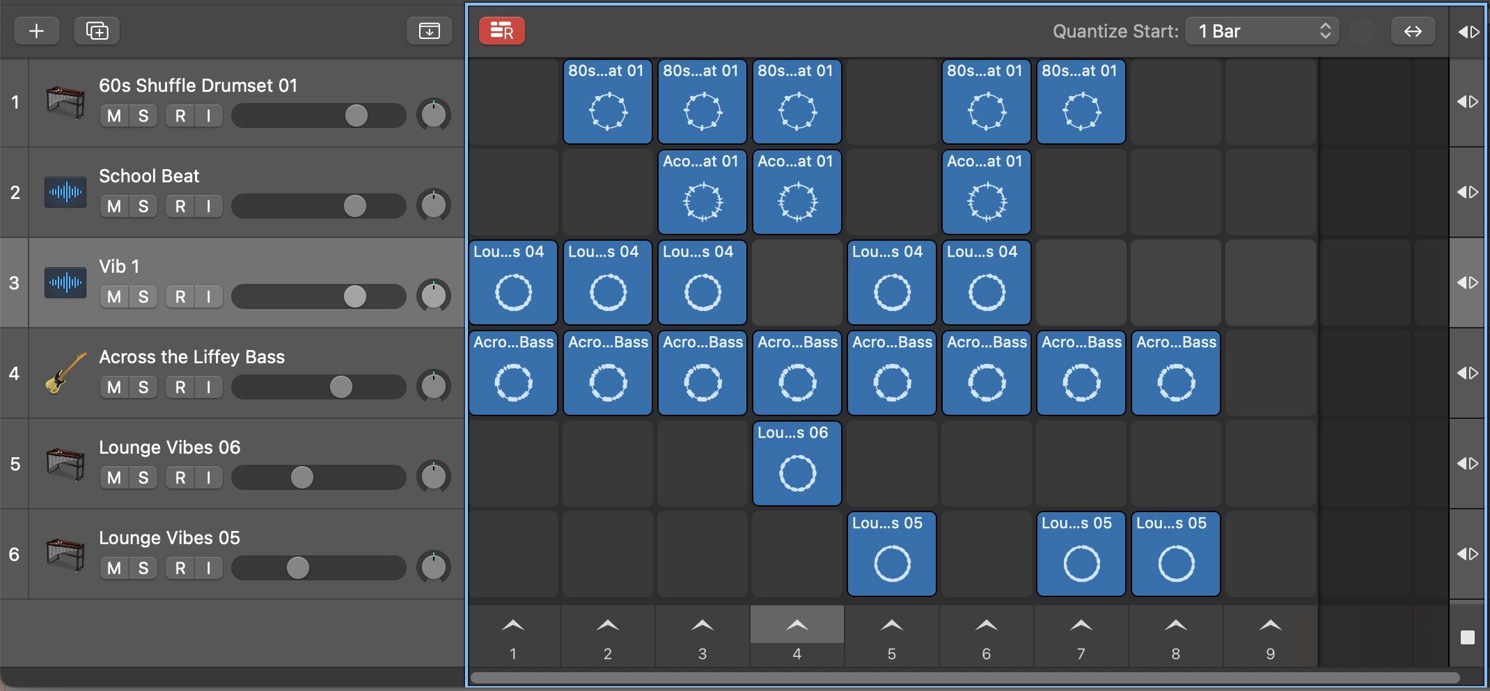 A screenshot showing the Live Loop grid display in Logic Pro X