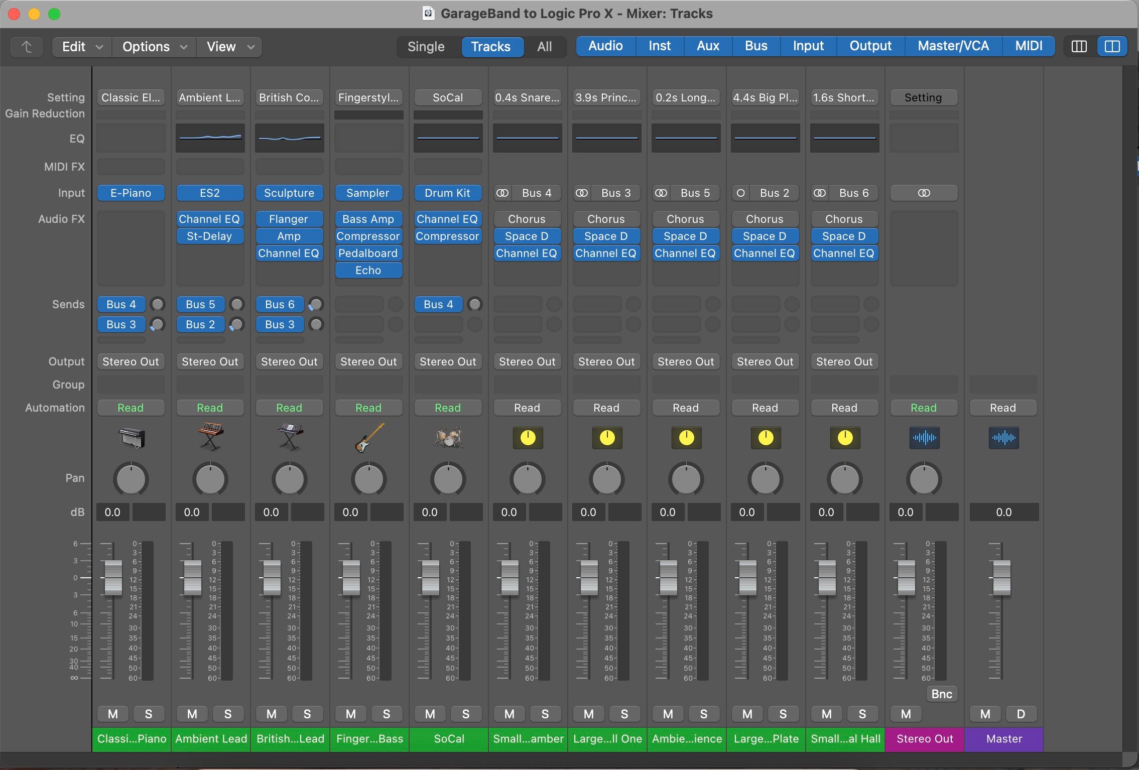 Full screen view of the audio mixer in Logic Pro X
