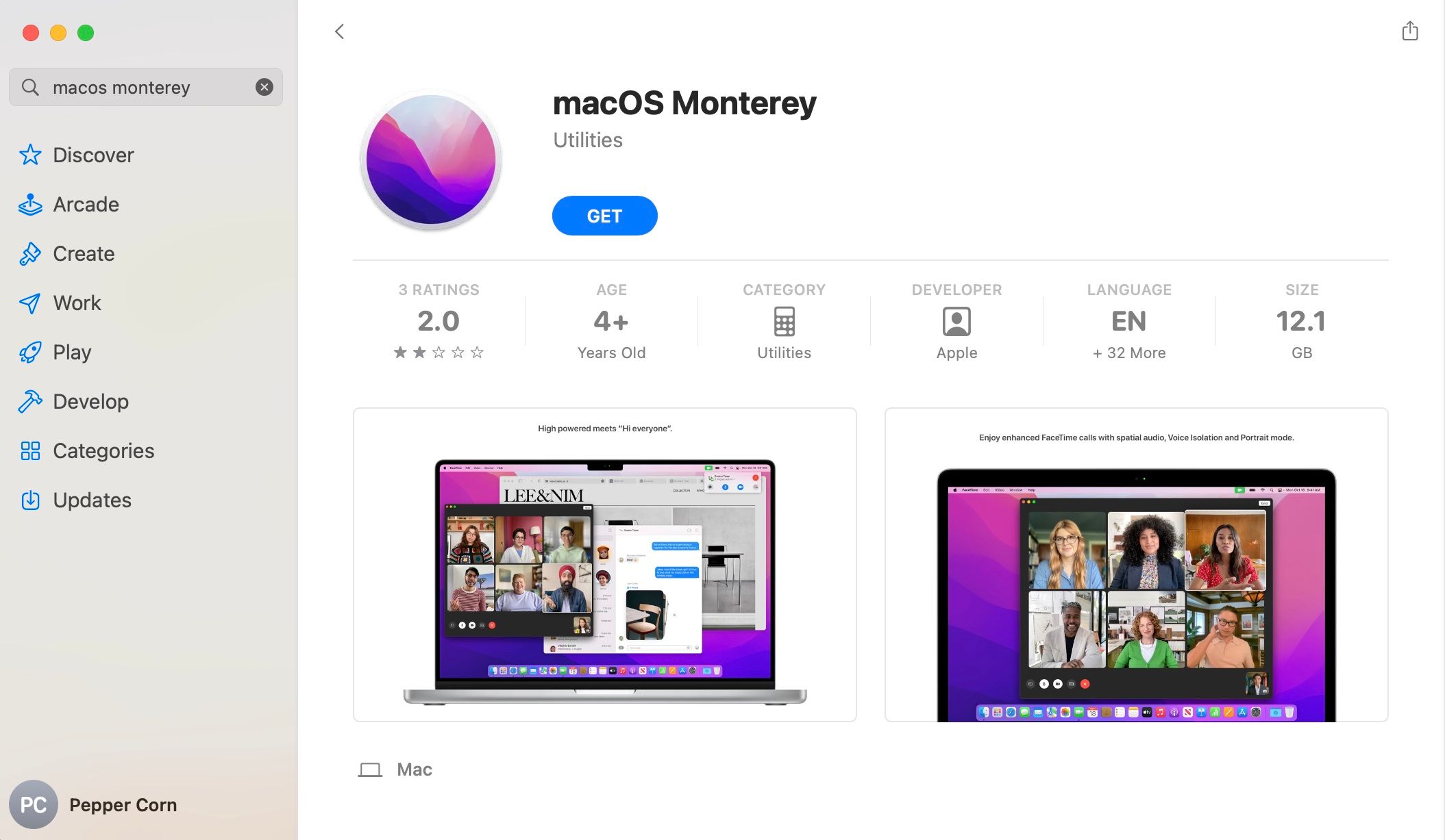 اسکرین شات اپ استور که صفحه دانلود macOS Monterey را نشان می دهد